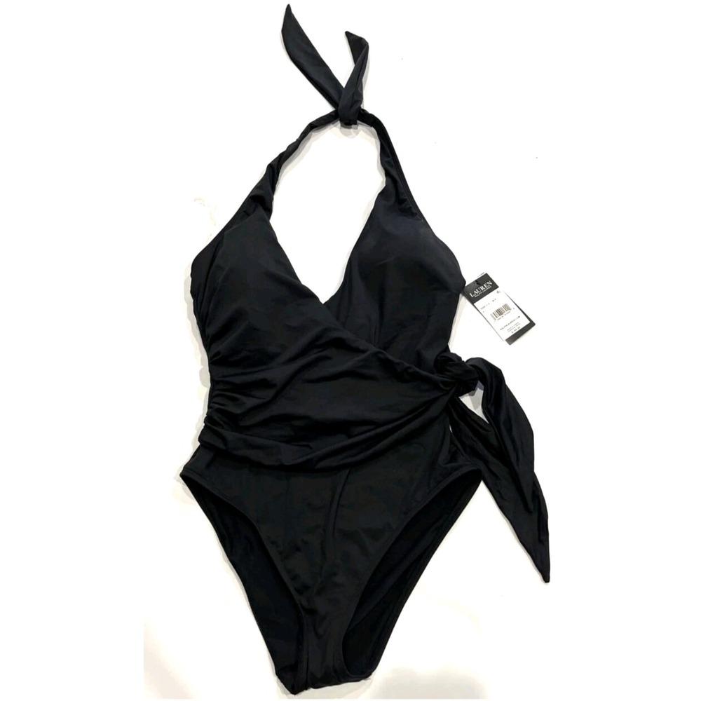 Ralph Lauren Side Tie Halter One Piece Swimsuit Women 14 Black Resort Vacation